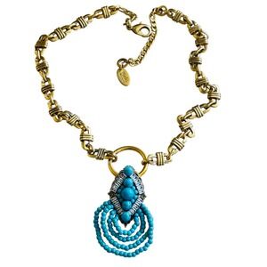 Rada Italy Regal Necklace Blue Howlite Beaded Boho Statement Brass Collar 21"